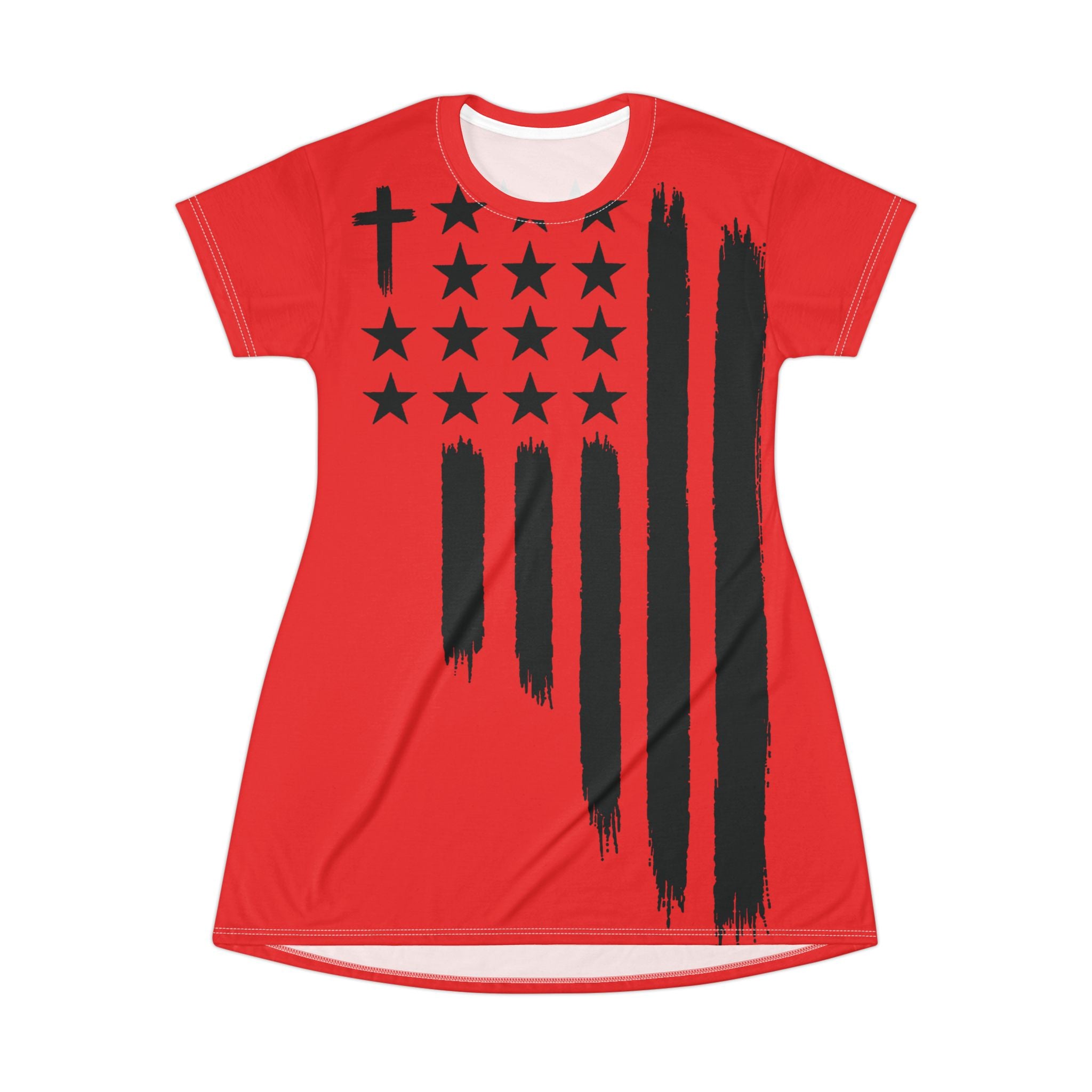 Christian Flag T-Shirt Dress — Red Brushstroke American Cross Stars Design
