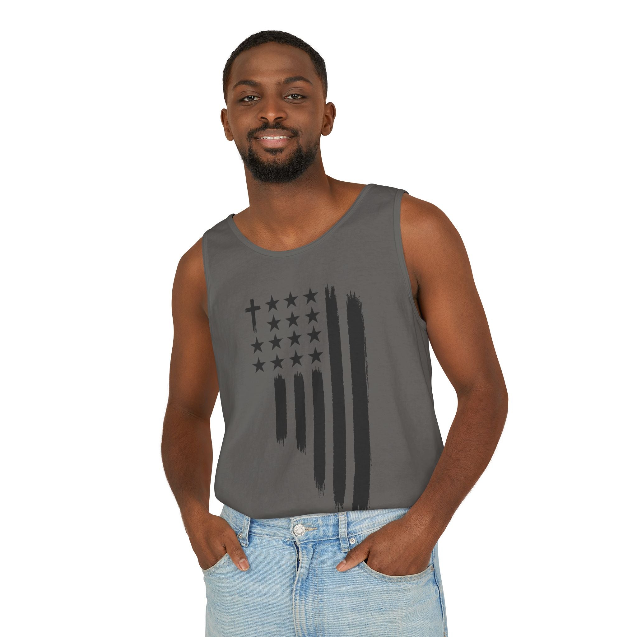 2nd set of colors ALL STARS Flag Tank Top — Distressed Cross & Stars Patriotic Design