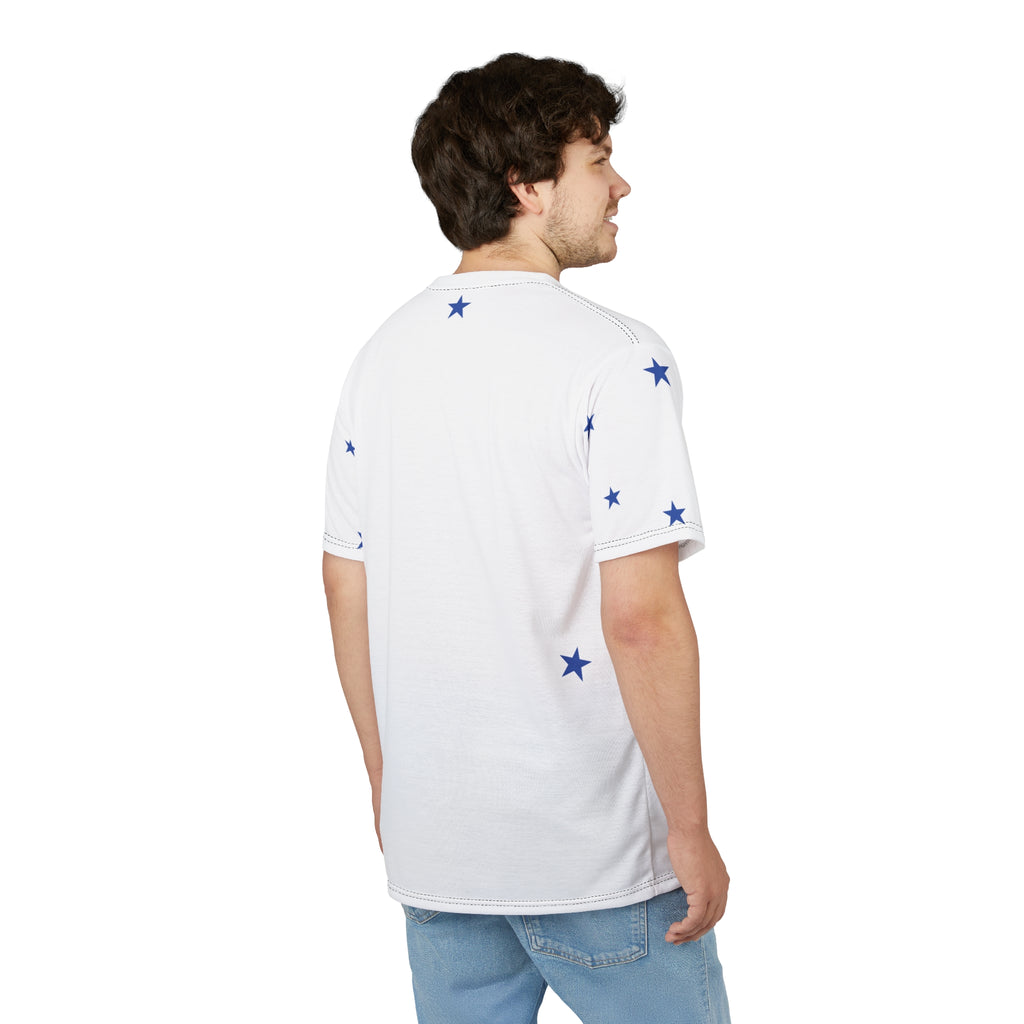 Star Scatter Tee — Blue Stars & Cross All-Over Print