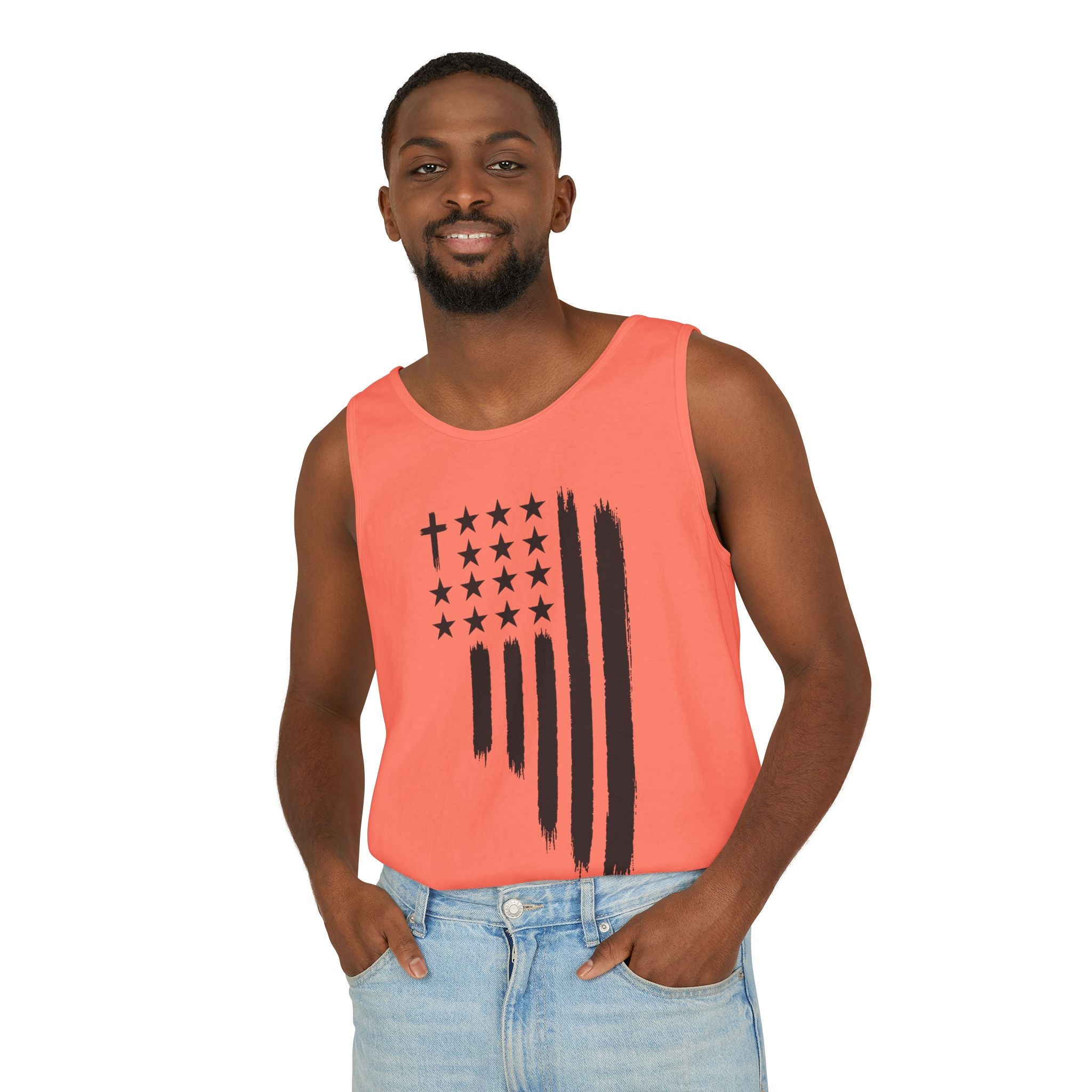 2nd set of colors ALL STARS Flag Tank Top — Distressed Cross & Stars Patriotic Design