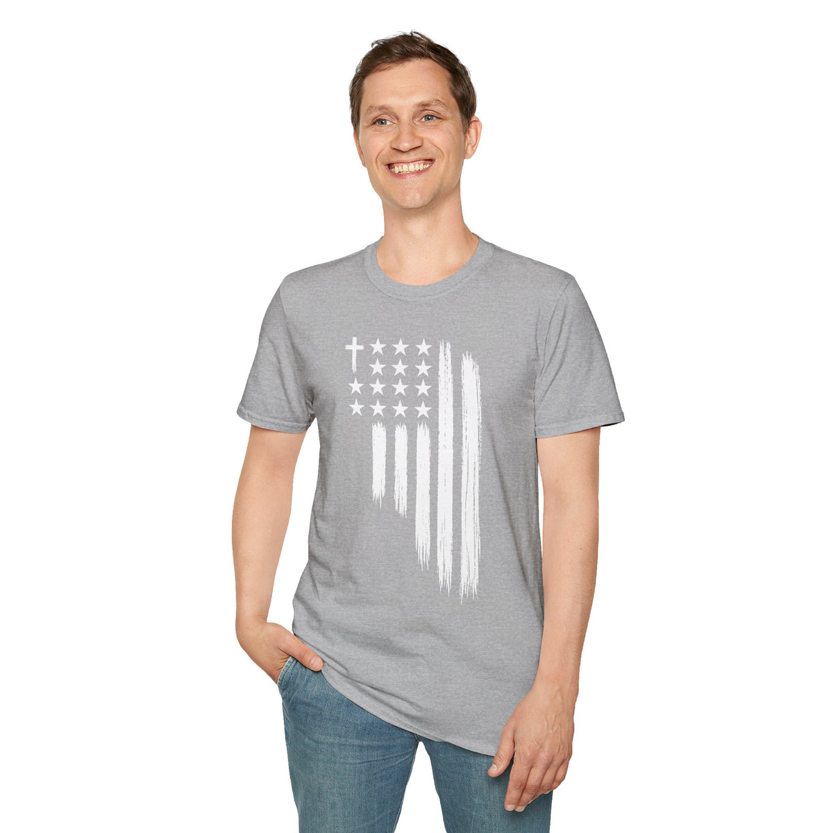 Christian American Flag T-Shirt — Distressed Cross & Stars Patriotic Tee
