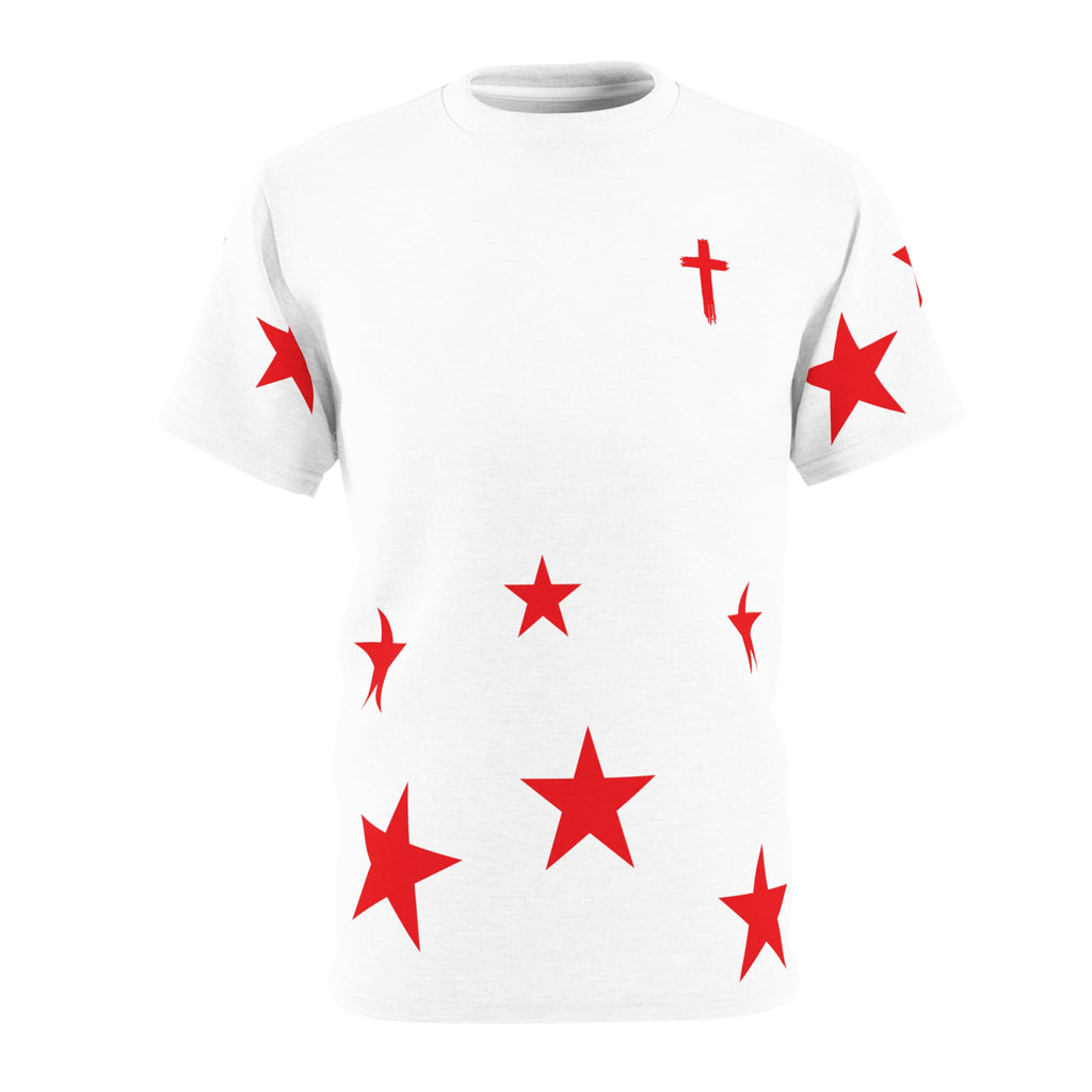 White Tee with Red Stars & Cross — Christian Graphic T‑Shirt