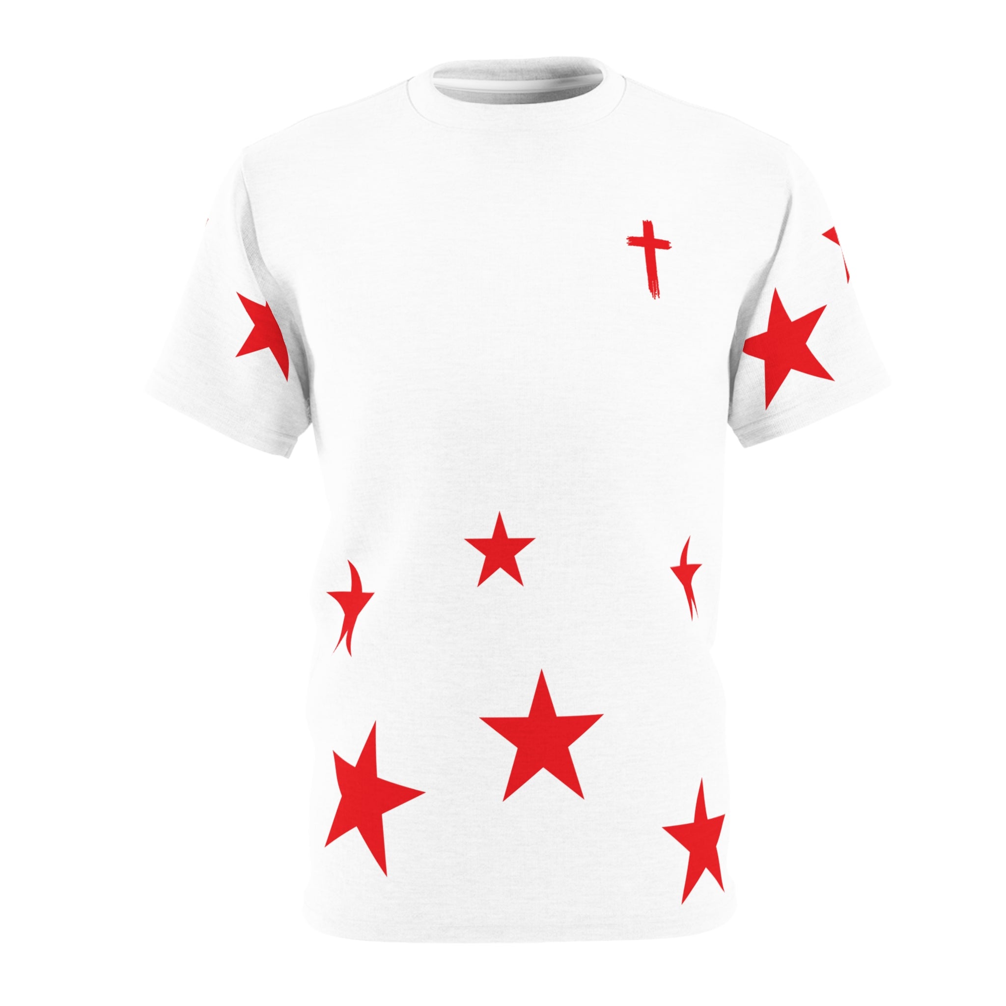 White Tee with Red Stars & Cross — Christian Graphic T‑Shirt