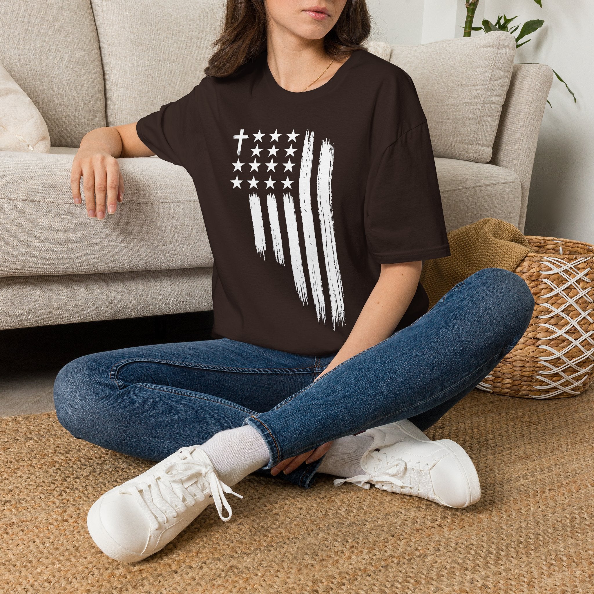 Christian American Flag T-Shirt — Distressed Cross & Stars Patriotic Tee