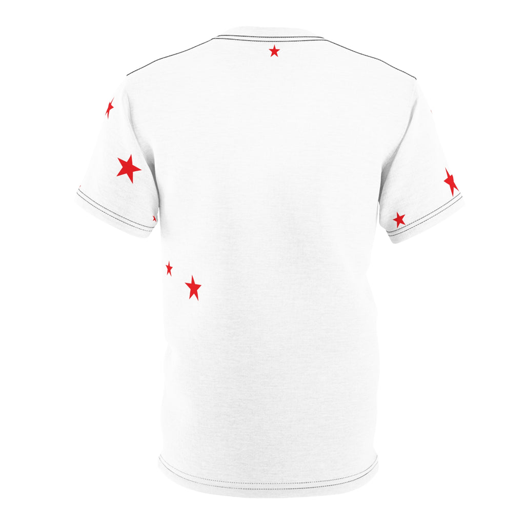 White Tee with Red Stars & Cross — Christian Graphic T‑Shirt