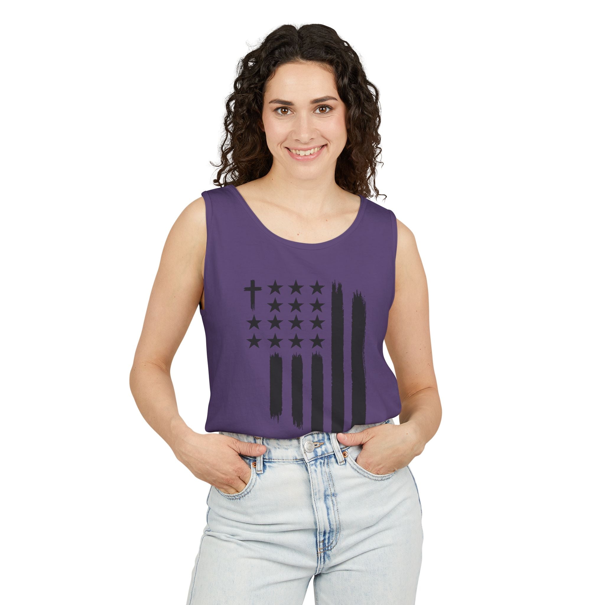 1st set of colors ALL STARS Flag Tank Top — Distressed Cross & Stars Patriotic Tank