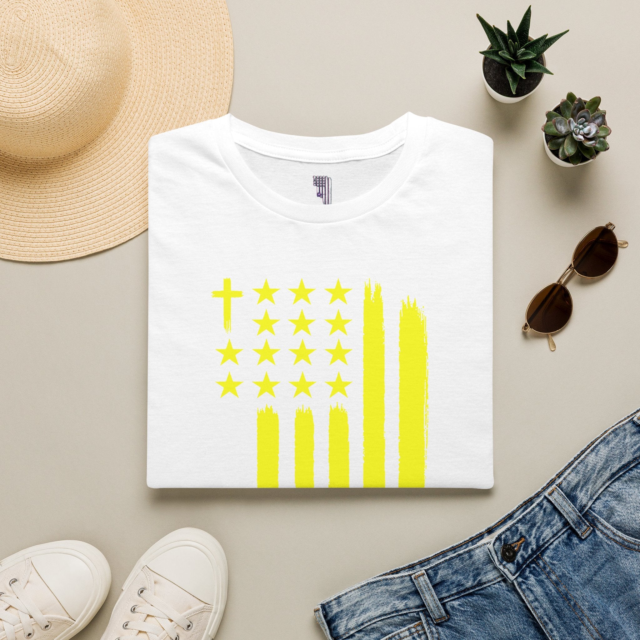Neon Yellow Stylized American Flag T-Shirt