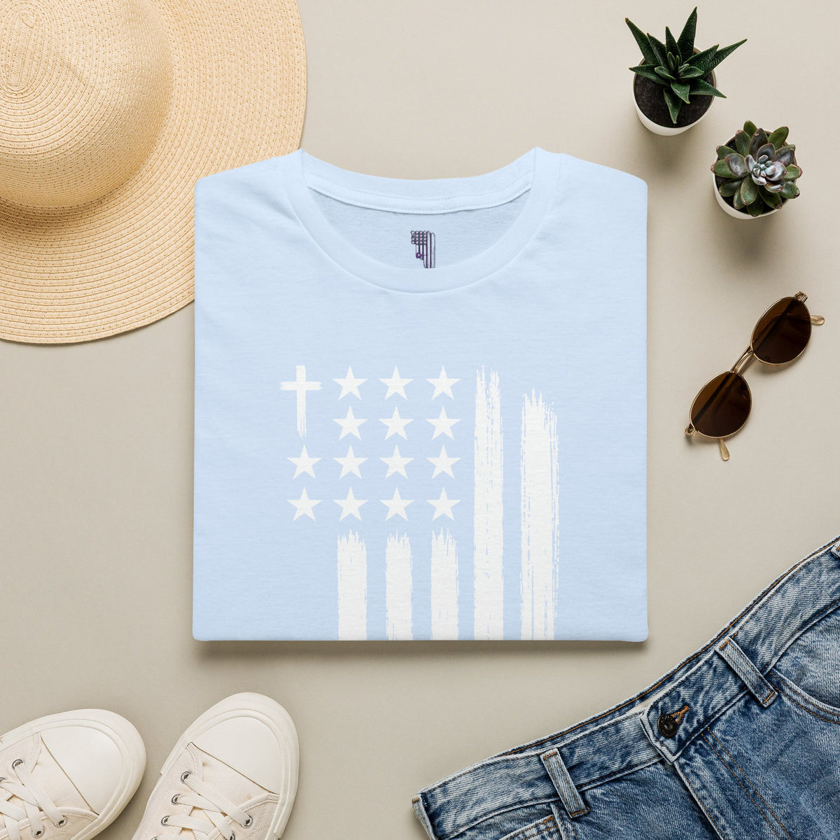 Christian American Flag T-Shirt — Distressed Cross & Stars Patriotic Tee