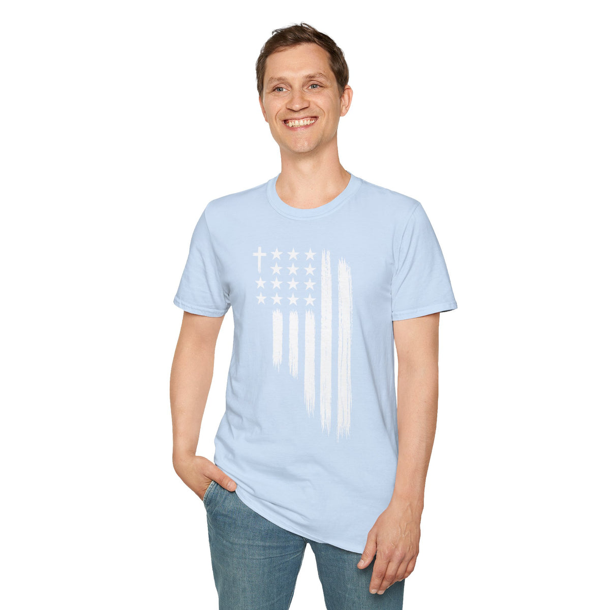 Christian American Flag T-Shirt — Distressed Cross & Stars Patriotic Tee