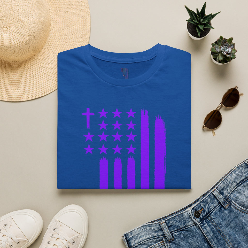 Christian Flag T-Shirt — Purple Brushstroke American Flag with Cross