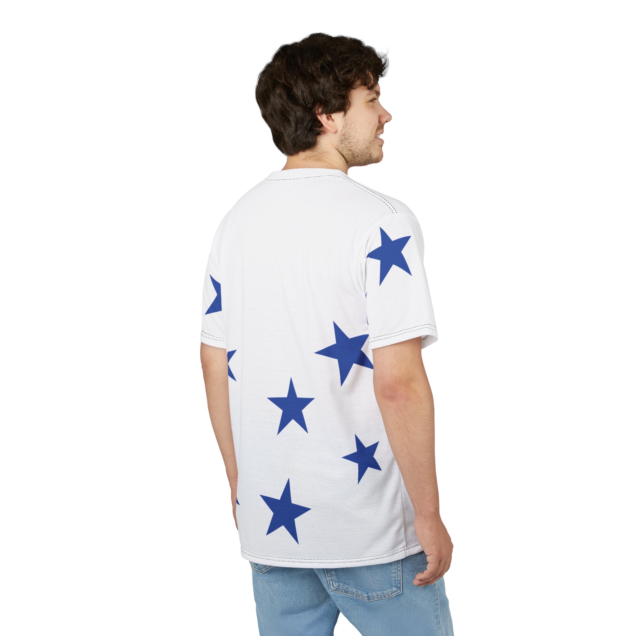 Star Scatter Tee — Blue Stars & Cross All-Over Print