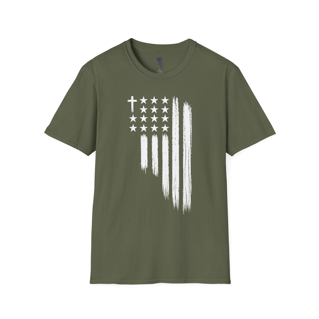 Christian American Flag T-Shirt — Distressed Cross & Stars Patriotic Tee