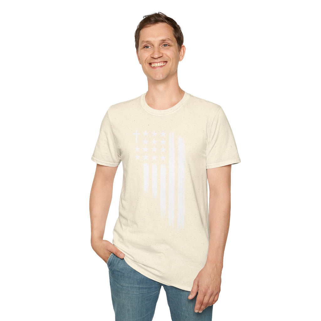 Christian American Flag T-Shirt — Distressed Cross & Stars Patriotic Tee
