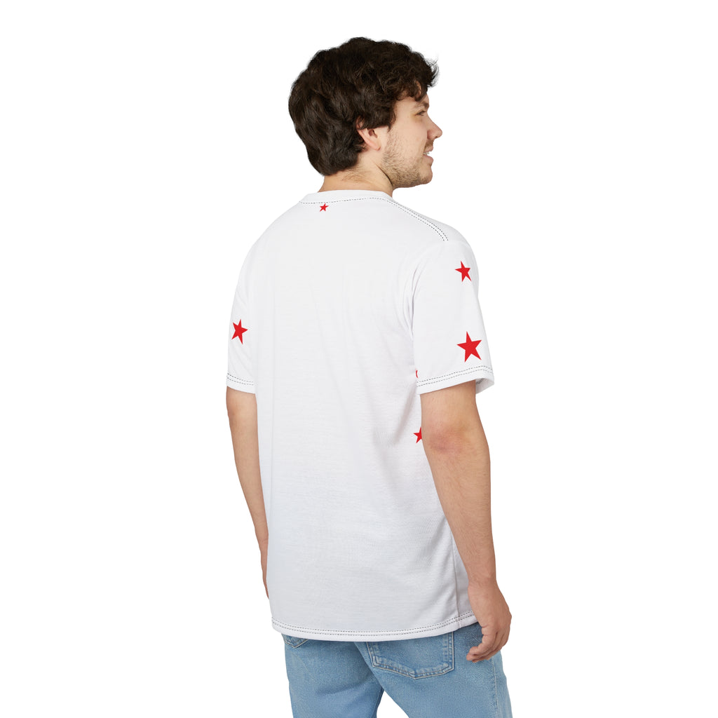 White Tee with Red Stars & Cross — Christian Graphic T‑Shirt