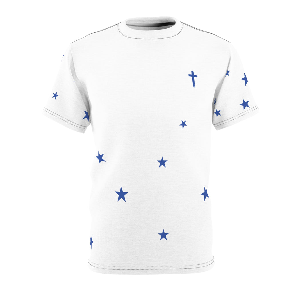 Star Scatter Tee — Blue Stars & Cross All-Over Print