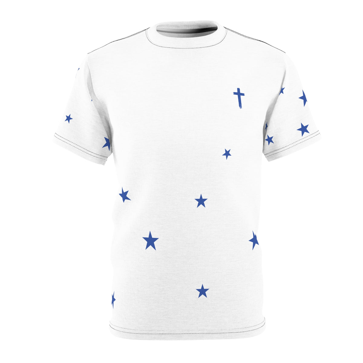 Star Scatter Tee — Blue Stars & Cross All-Over Print