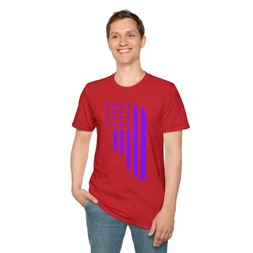 Christian Flag T-Shirt — Purple Brushstroke American Flag with Cross