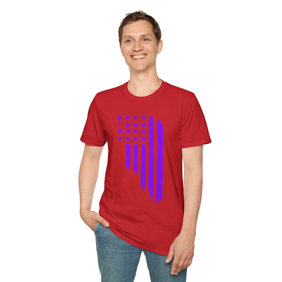Christian Flag T-Shirt — Purple Brushstroke American Flag with Cross
