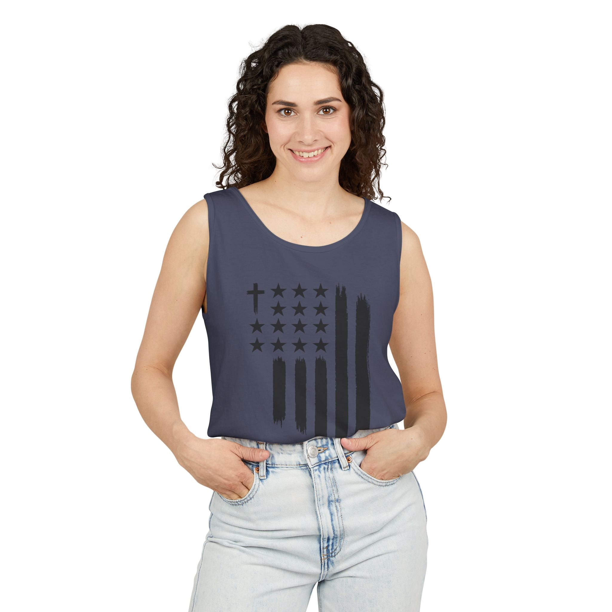 1st set of colors ALL STARS Flag Tank Top — Distressed Cross & Stars Patriotic Tank