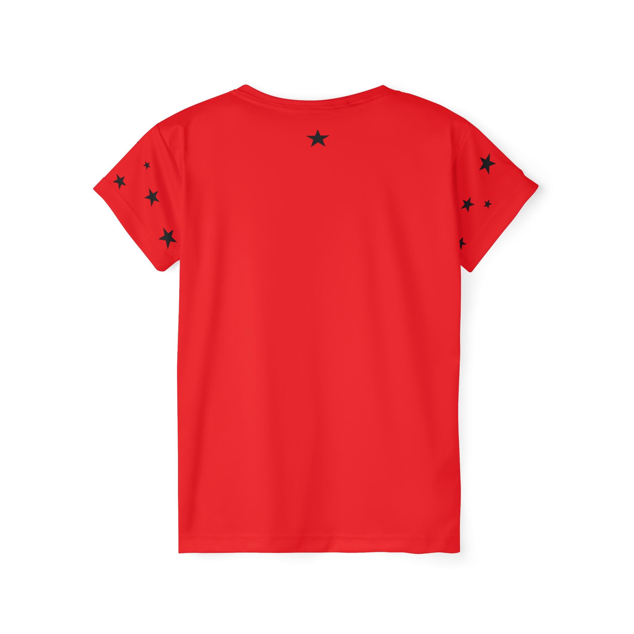 Women's Red Star Print Sports Jersey — Athletic Tee with Scattered Black Stars