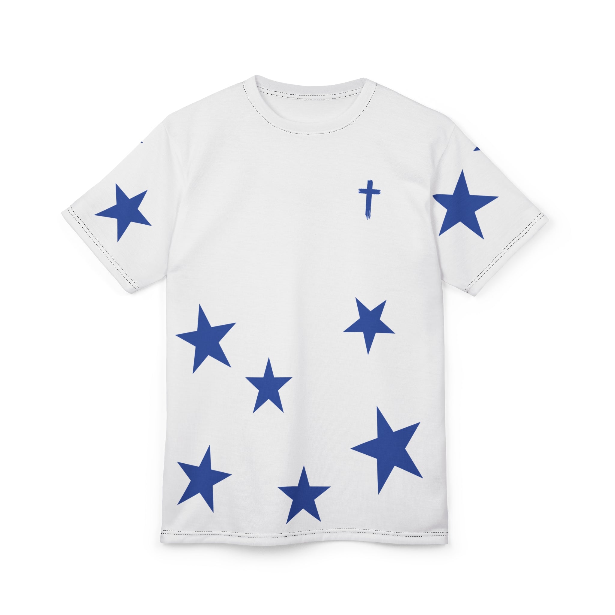 Star Scatter Tee — Blue Stars & Cross All-Over Print