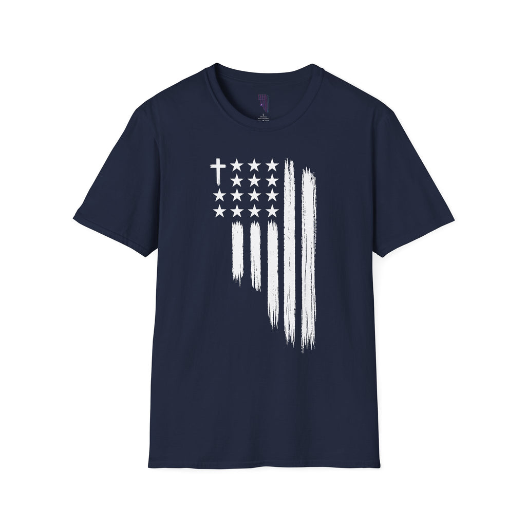 Christian American Flag T-Shirt — Distressed Cross & Stars Patriotic Tee