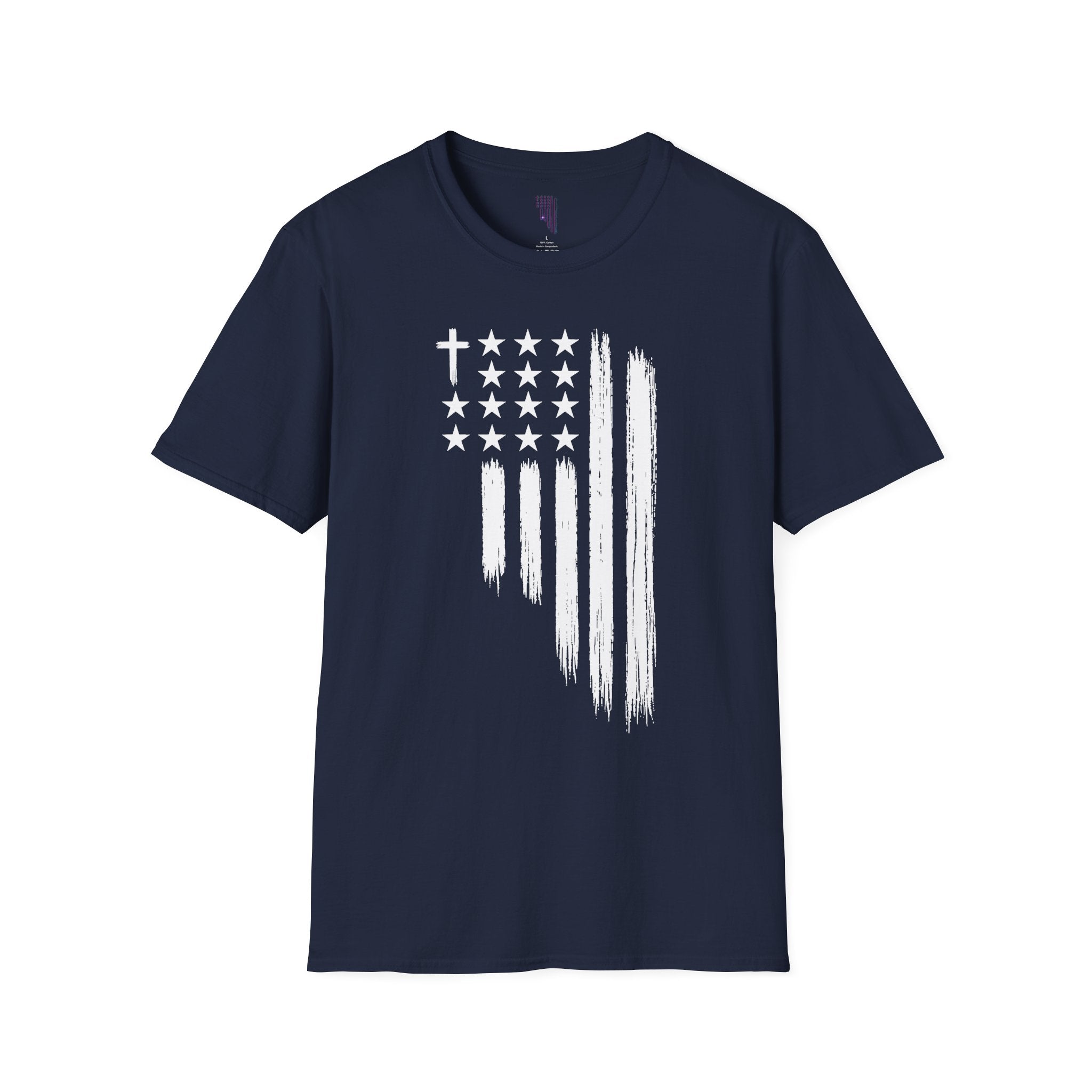 Christian American Flag T-Shirt — Distressed Cross & Stars Patriotic Tee