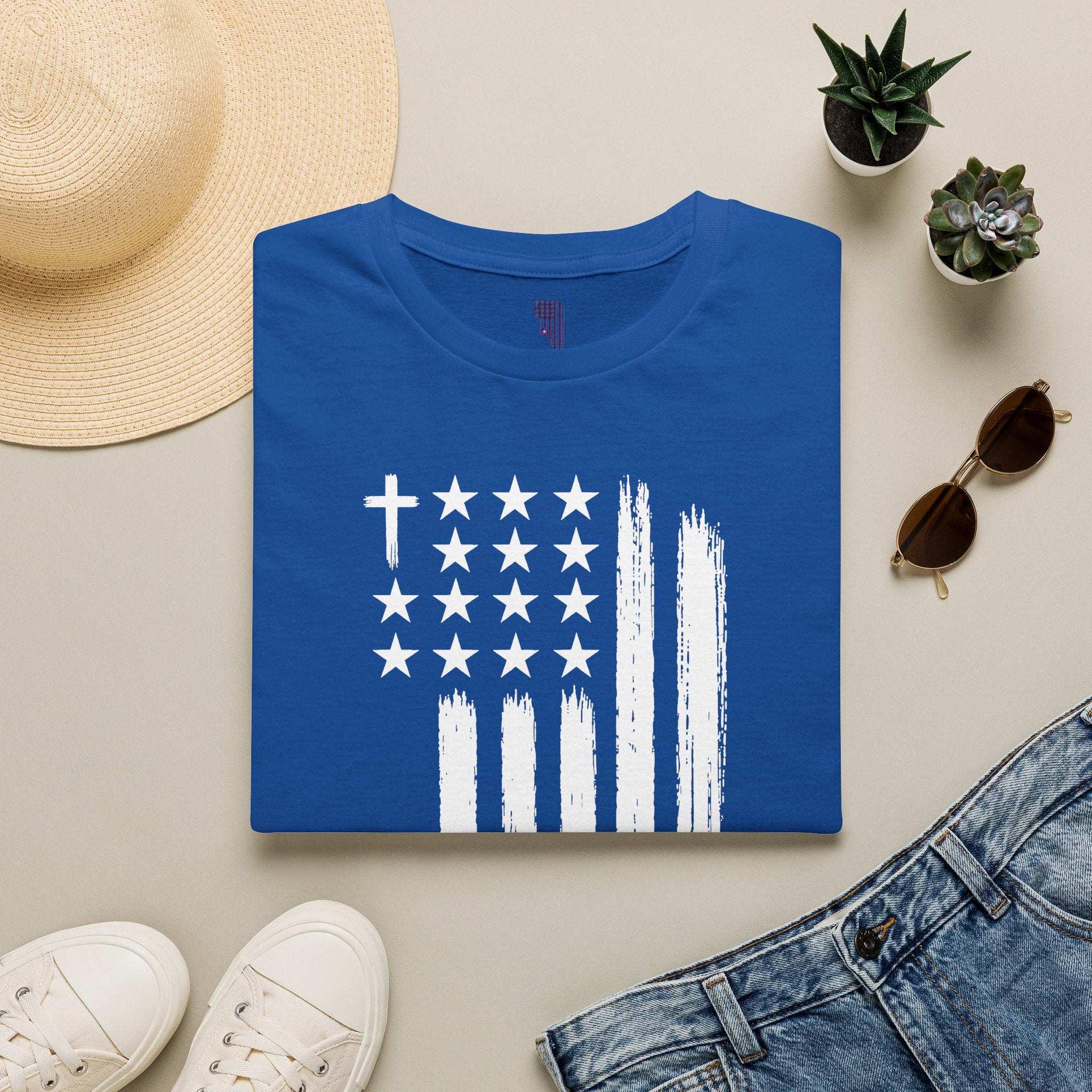 Christian American Flag T-Shirt — Distressed Cross & Stars Patriotic Tee