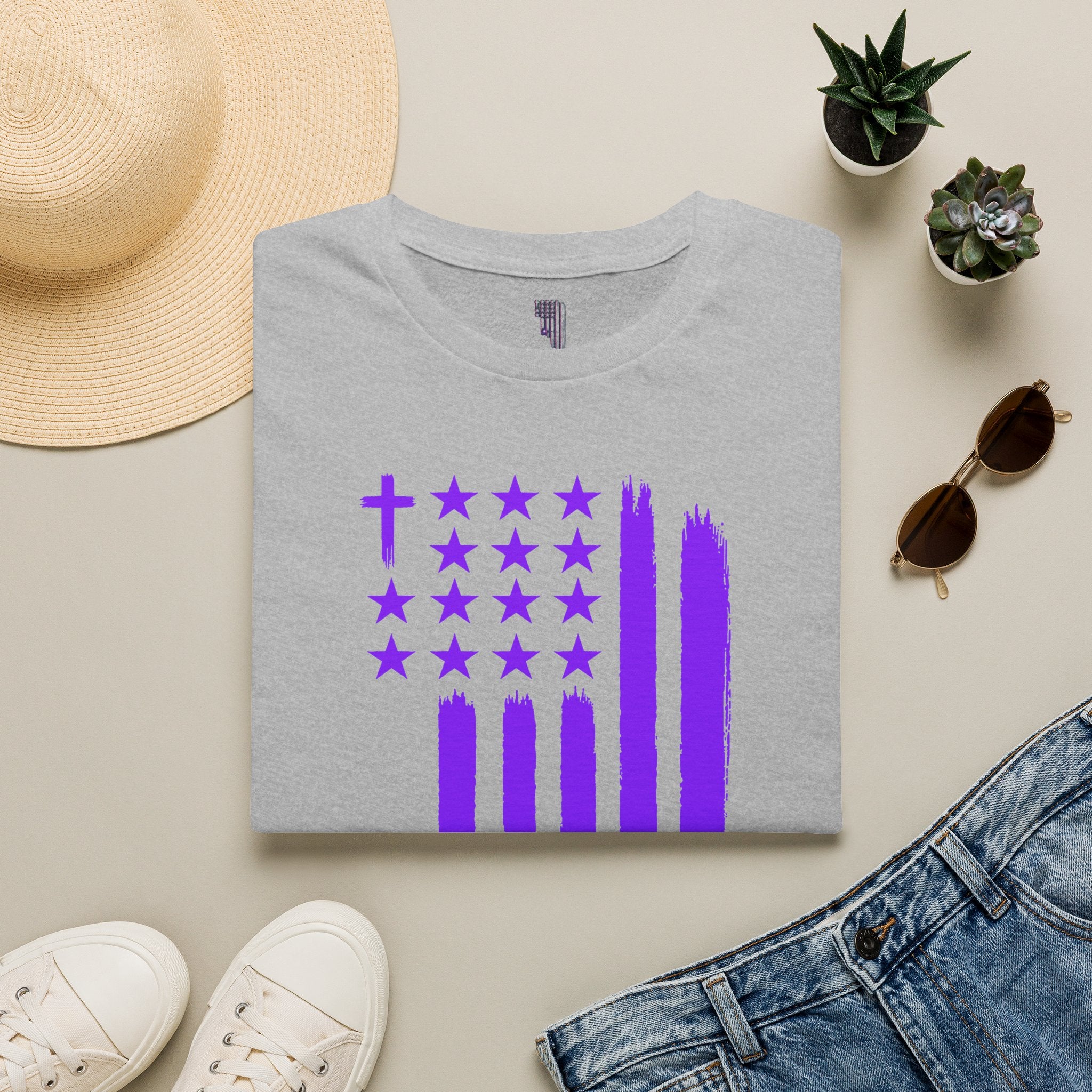 Christian Flag T-Shirt — Purple Brushstroke American Flag with Cross