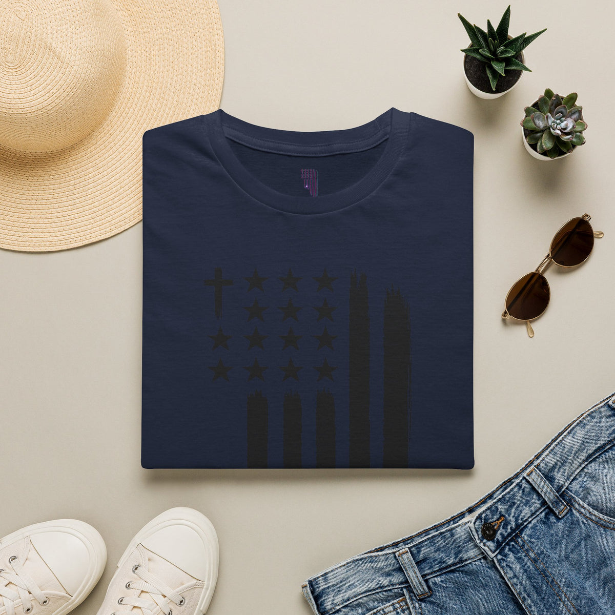 Christian Flag T-Shirt — Distressed American Cross Stars Tee