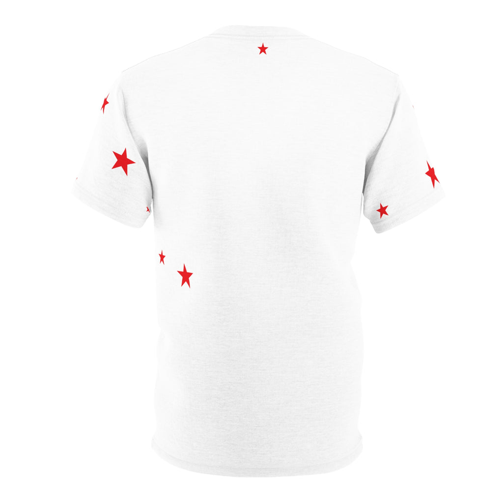 White Tee with Red Stars & Cross — Christian Graphic T‑Shirt