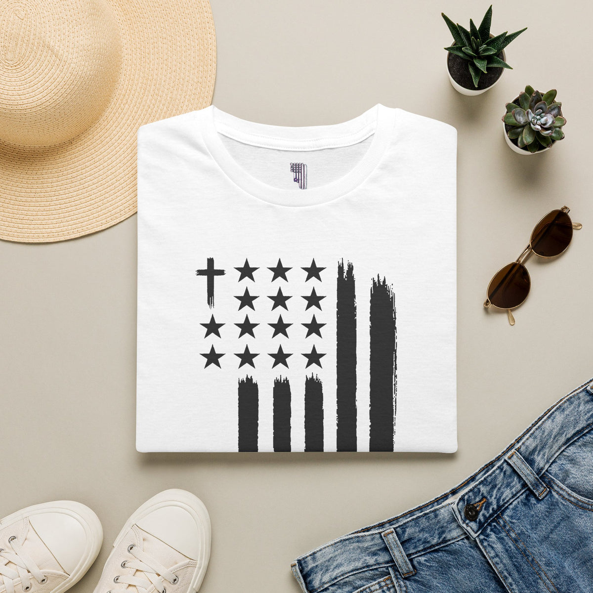 Christian Flag T-Shirt — Distressed American Cross Stars Tee