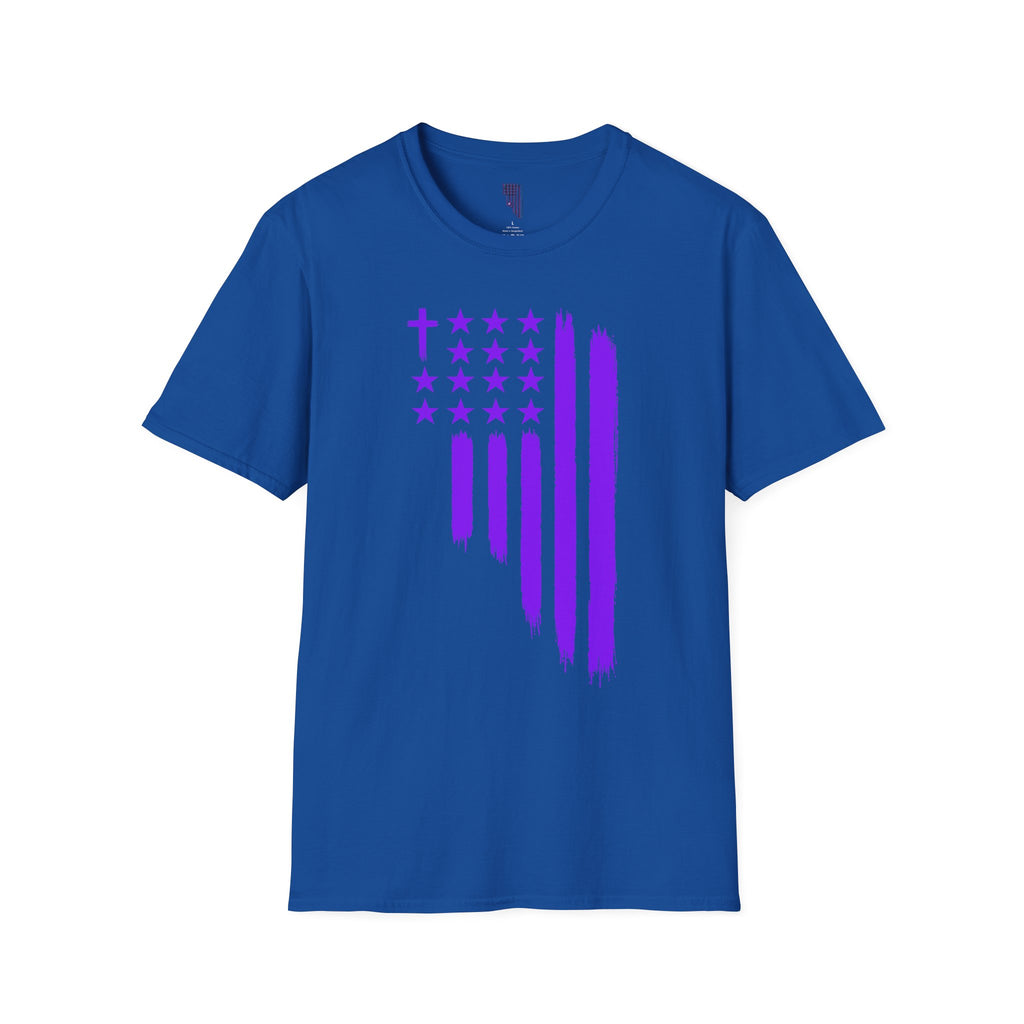 Christian Flag T-Shirt — Purple Brushstroke American Flag with Cross