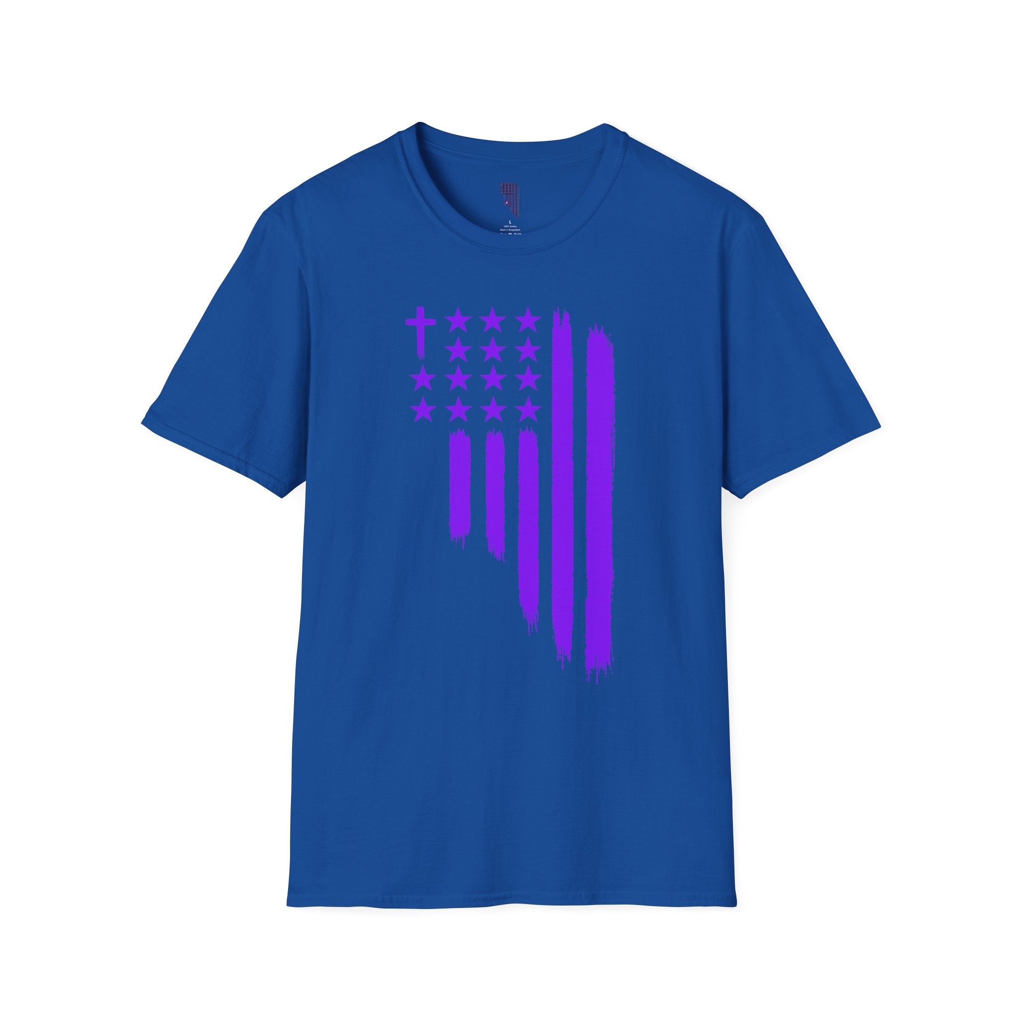 Christian Flag T-Shirt — Purple Brushstroke American Flag with Cross