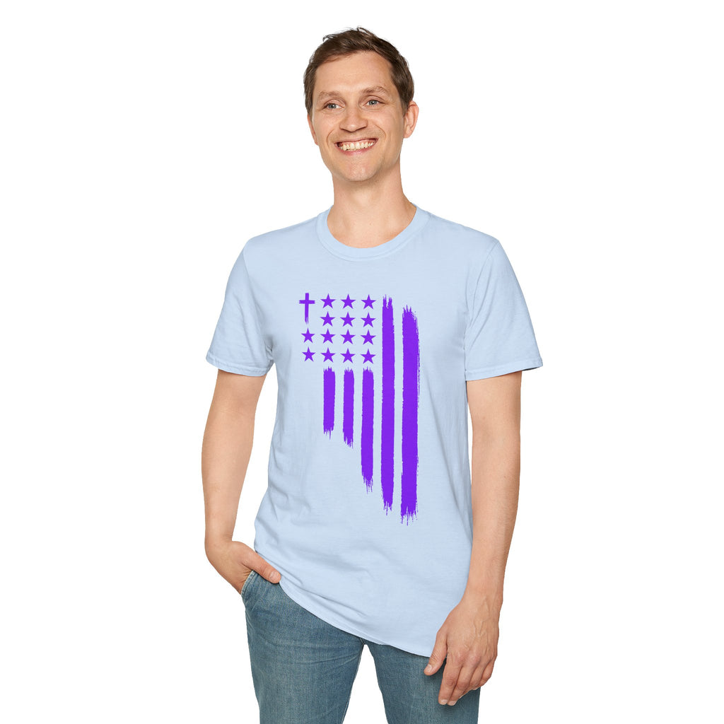 Christian Flag T-Shirt — Purple Brushstroke American Flag with Cross