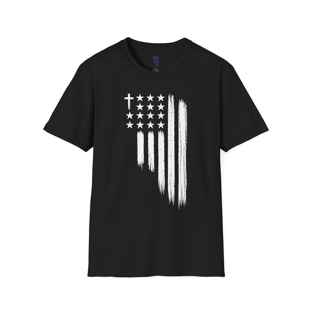Christian American Flag T-Shirt — Distressed Cross & Stars Patriotic Tee