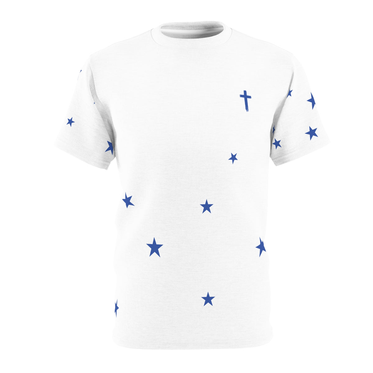 Star Scatter Tee — Blue Stars & Cross All-Over Print