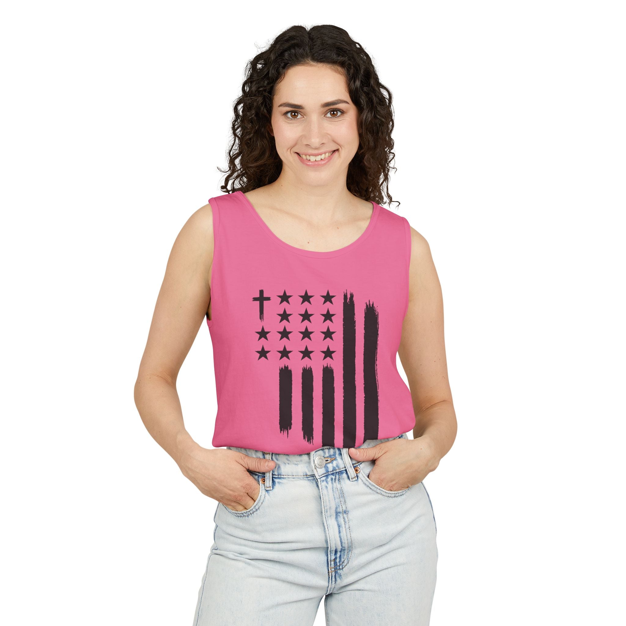 1st set of colors ALL STARS Flag Tank Top — Distressed Cross & Stars Patriotic Tank