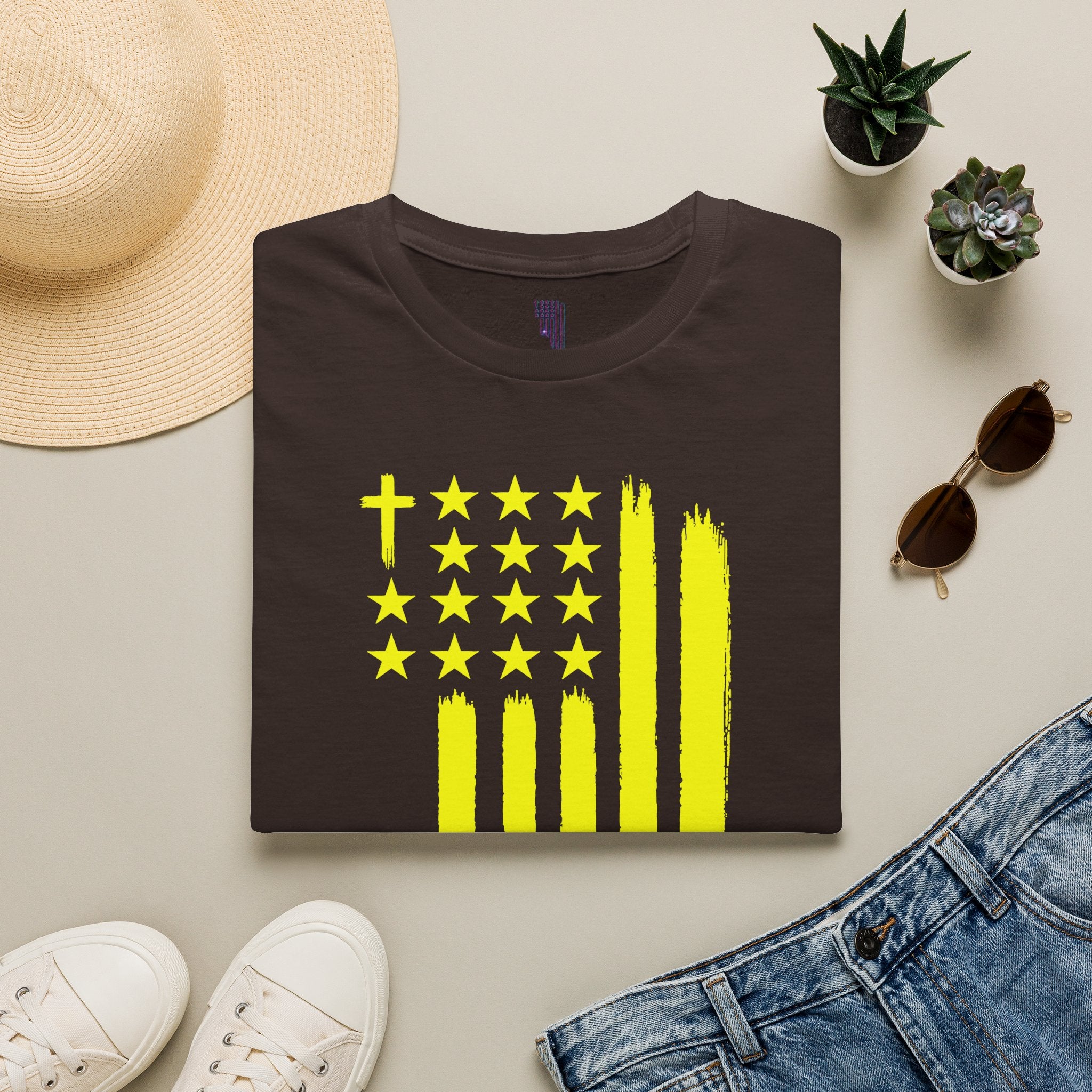 Neon Yellow Stylized American Flag T-Shirt