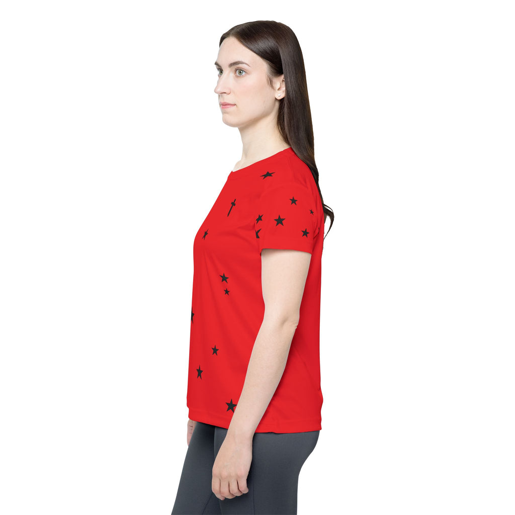 Women's Red Star Print Sports Jersey — Athletic Tee with Scattered Black Stars