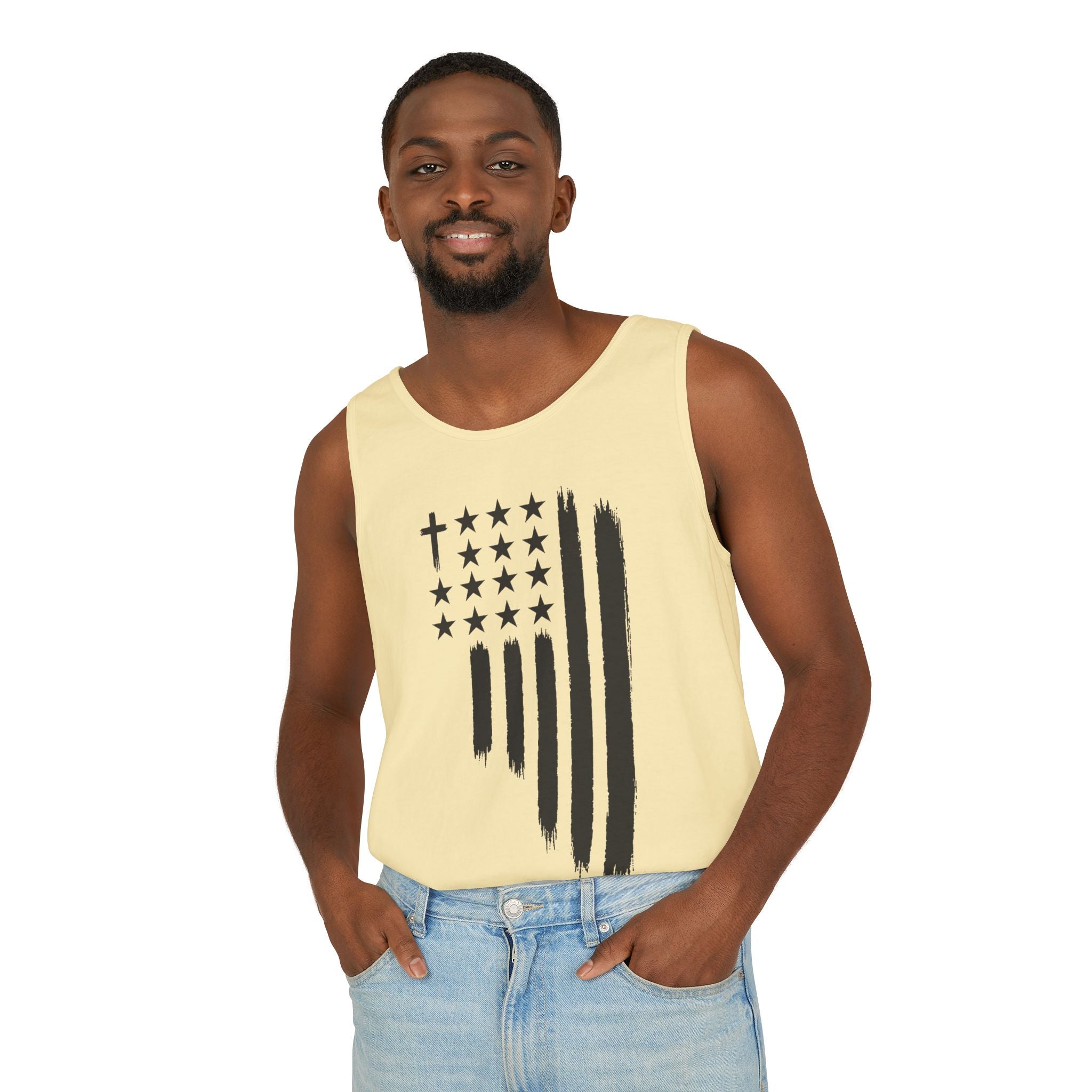 2nd set of colors ALL STARS Flag Tank Top — Distressed Cross & Stars Patriotic Design