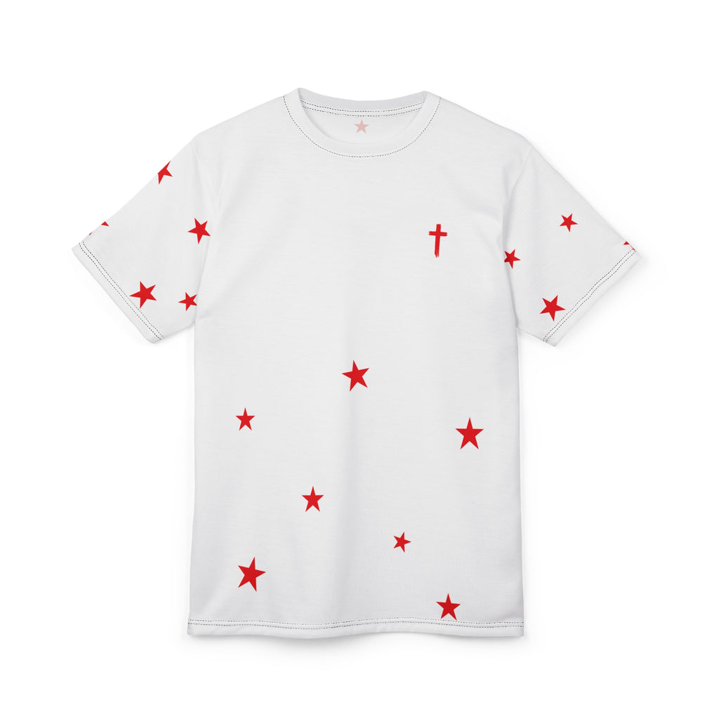 White Tee with Red Stars & Cross — Christian Graphic T‑Shirt