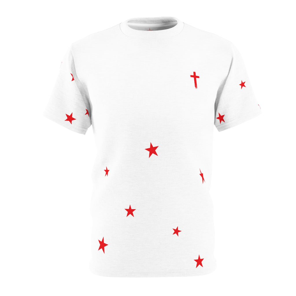 White Tee with Red Stars & Cross — Christian Graphic T‑Shirt
