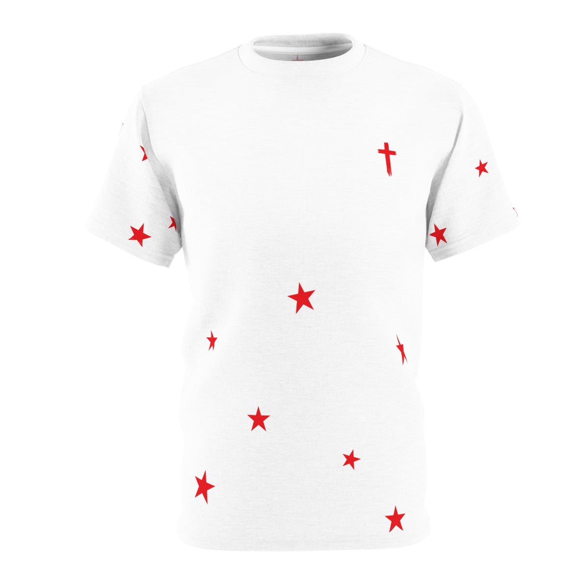 White Tee with Red Stars & Cross — Christian Graphic T‑Shirt