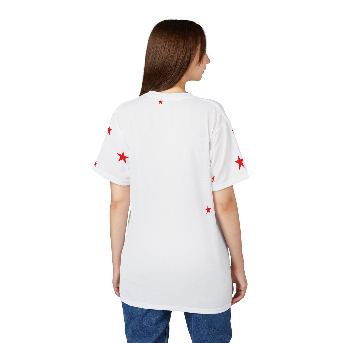 White Tee with Red Stars & Cross — Christian Graphic T‑Shirt