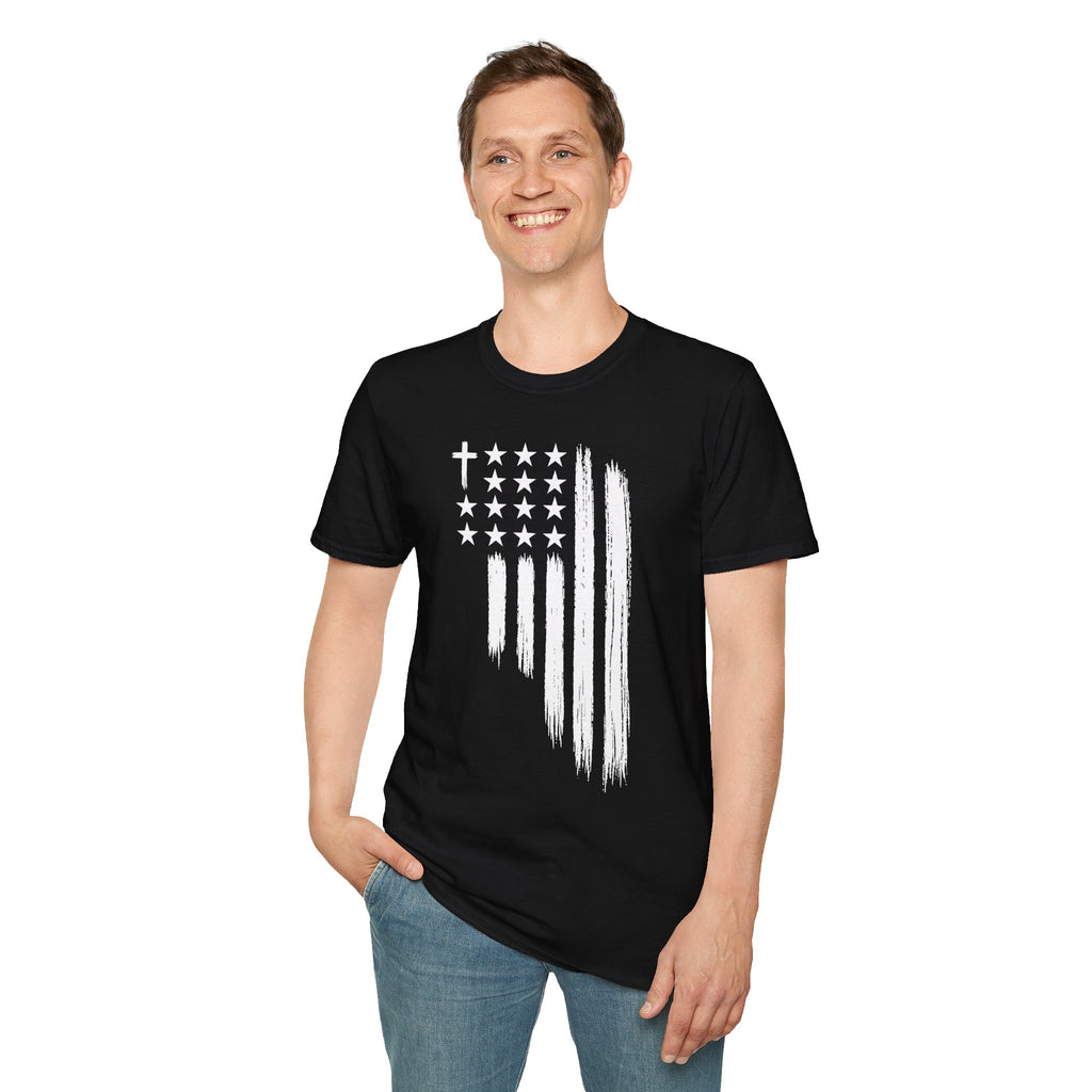 Christian American Flag T-Shirt — Distressed Cross & Stars Patriotic Tee