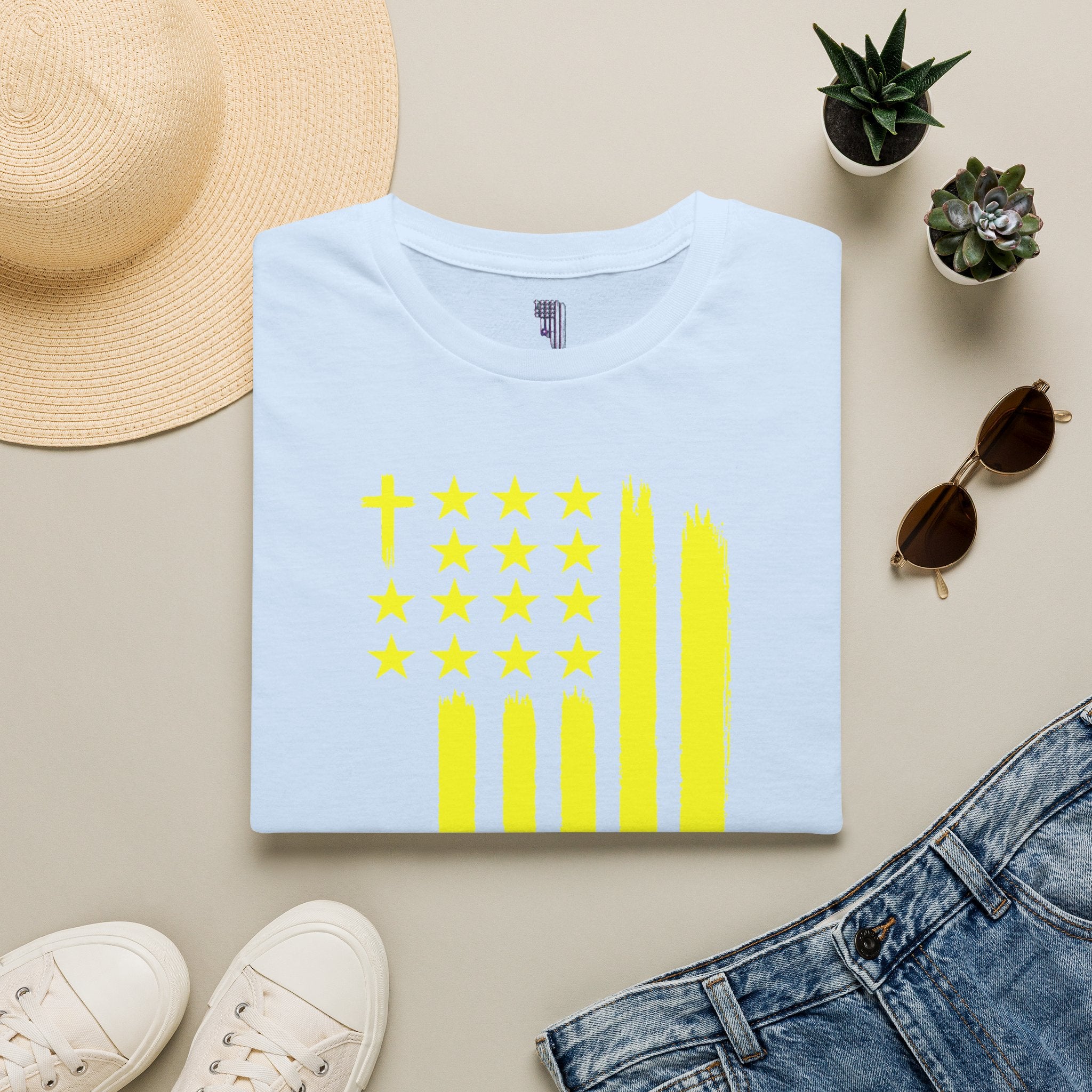 Neon Yellow Stylized American Flag T-Shirt