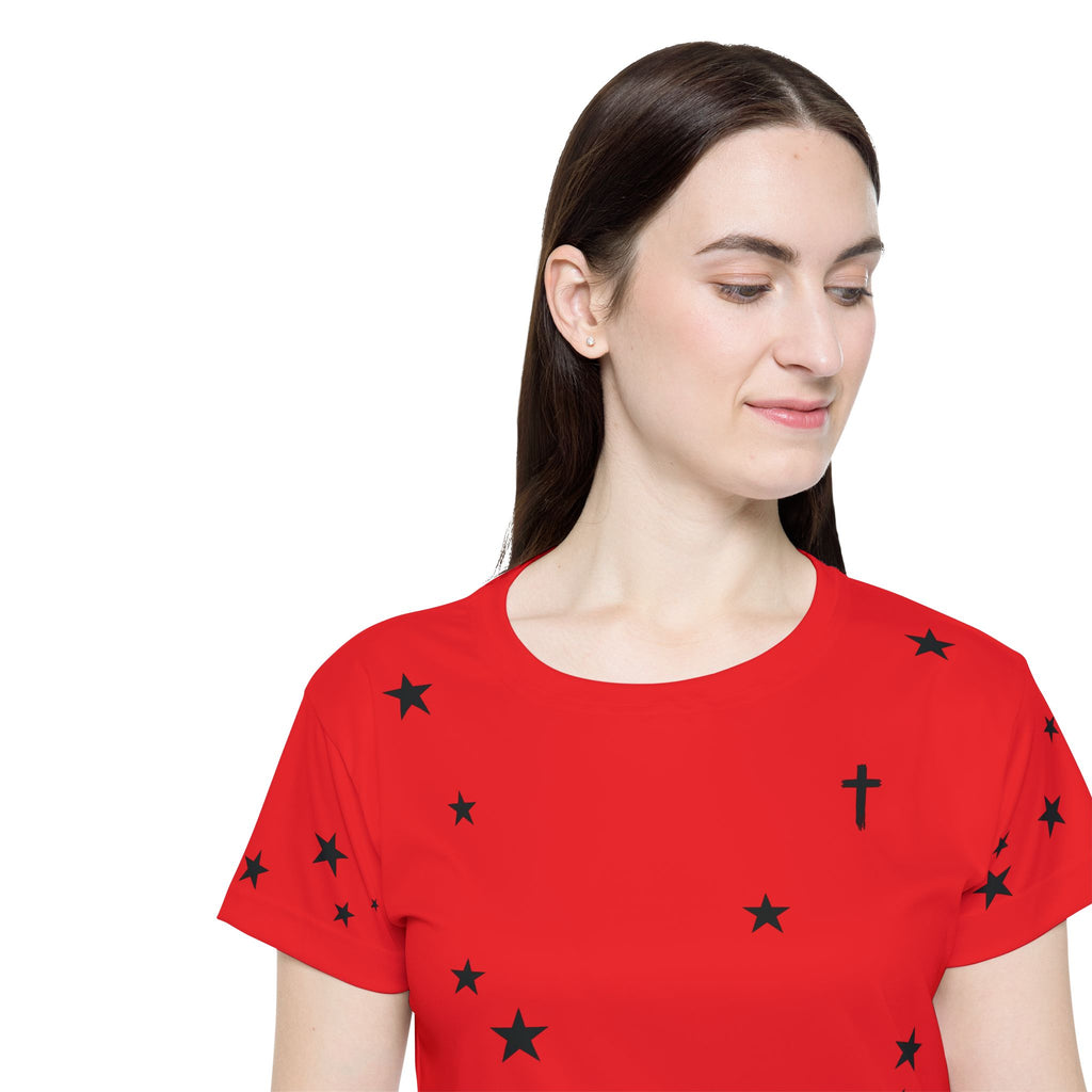 Women's Red Star Print Sports Jersey — Athletic Tee with Scattered Black Stars