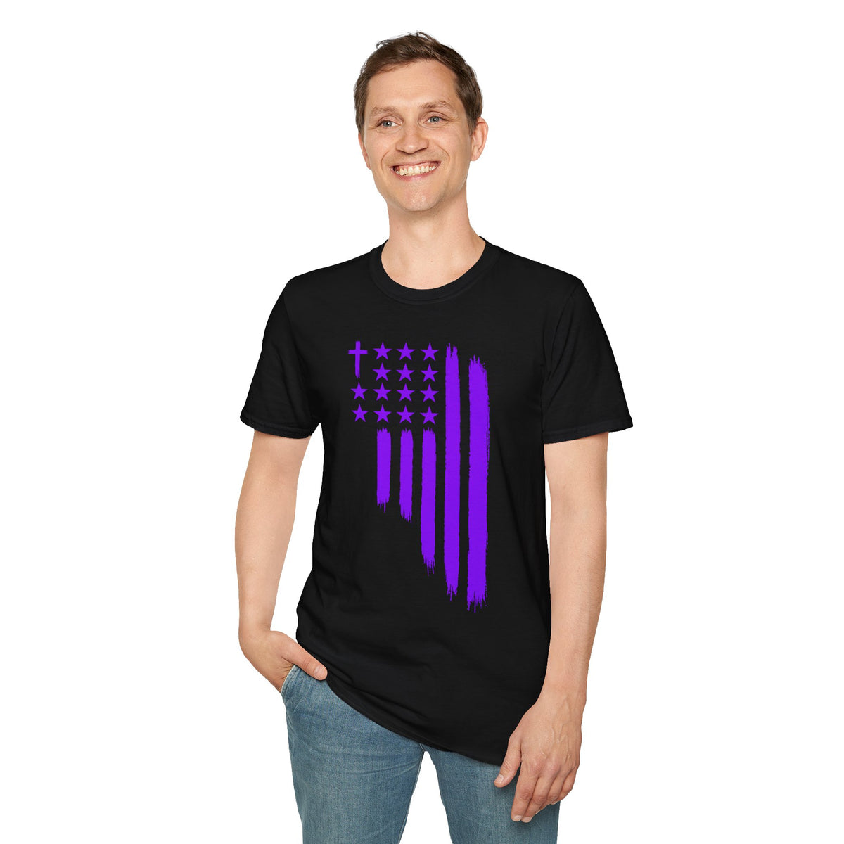 Christian Flag T-Shirt — Purple Brushstroke American Flag with Cross