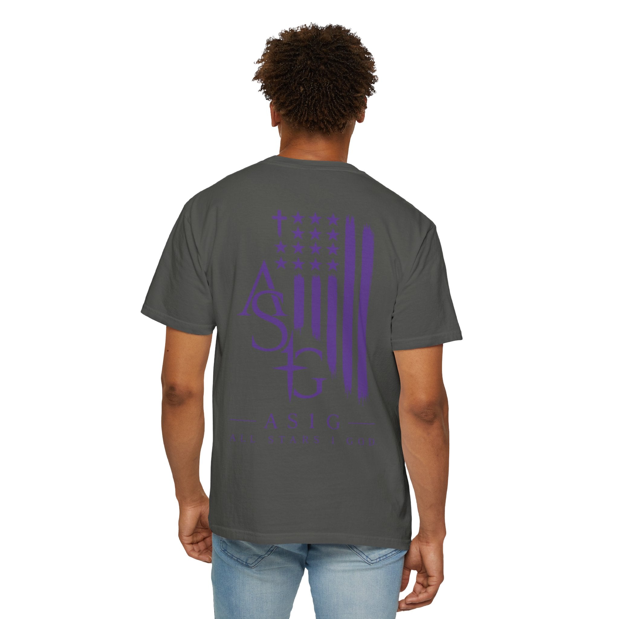 ASIG All Stars & God Flag T‑Shirt — Purple Brushstroke American Flag Tee